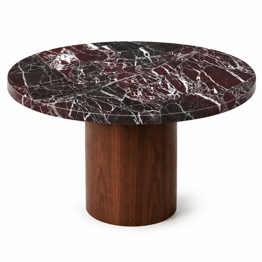 The "Palazzo" Round Dining Table in Rosso Levanto Marble and Walnut